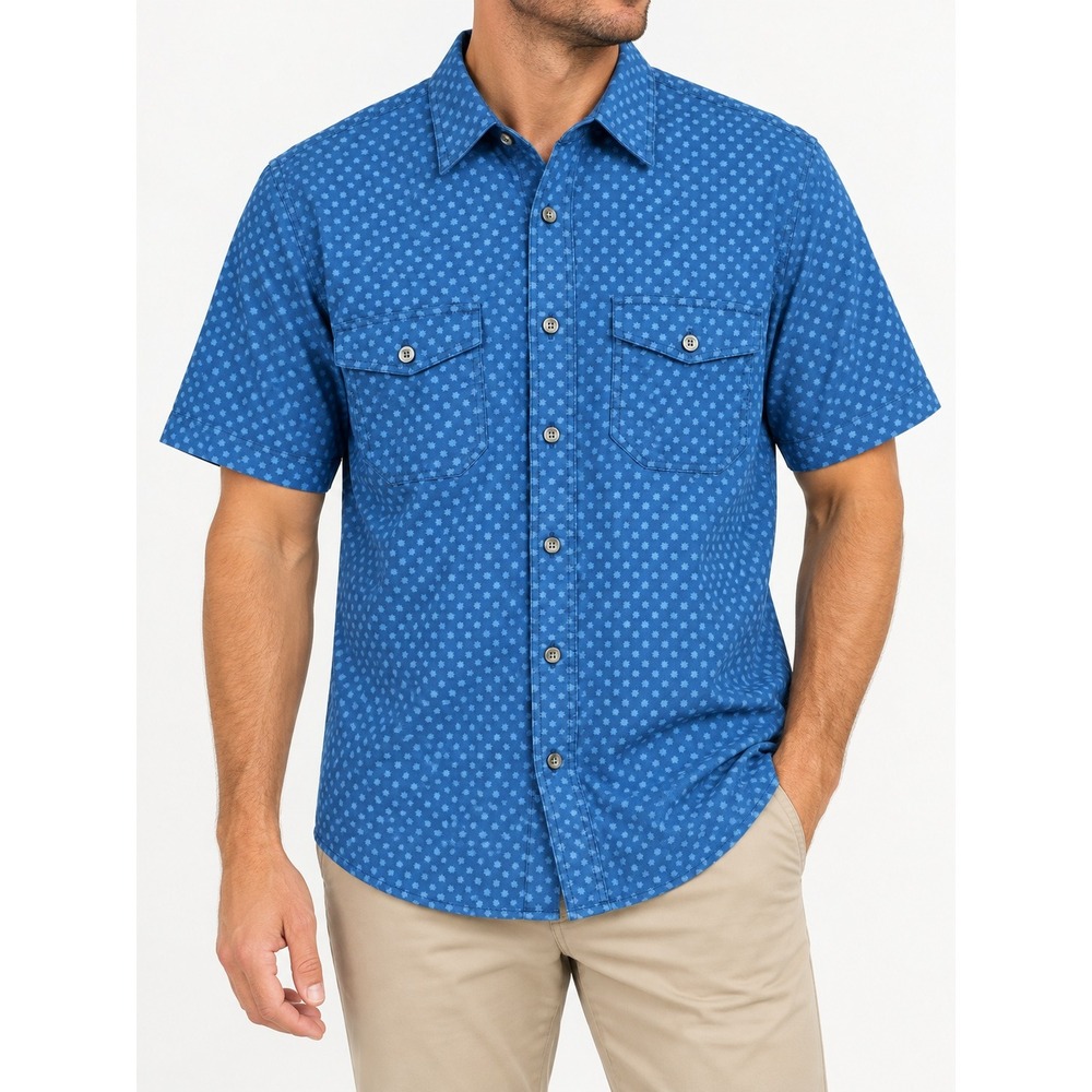 Outdoor Life Mens Blue 100% Cotton Short Sleeve Button Down Shirt L Geometric